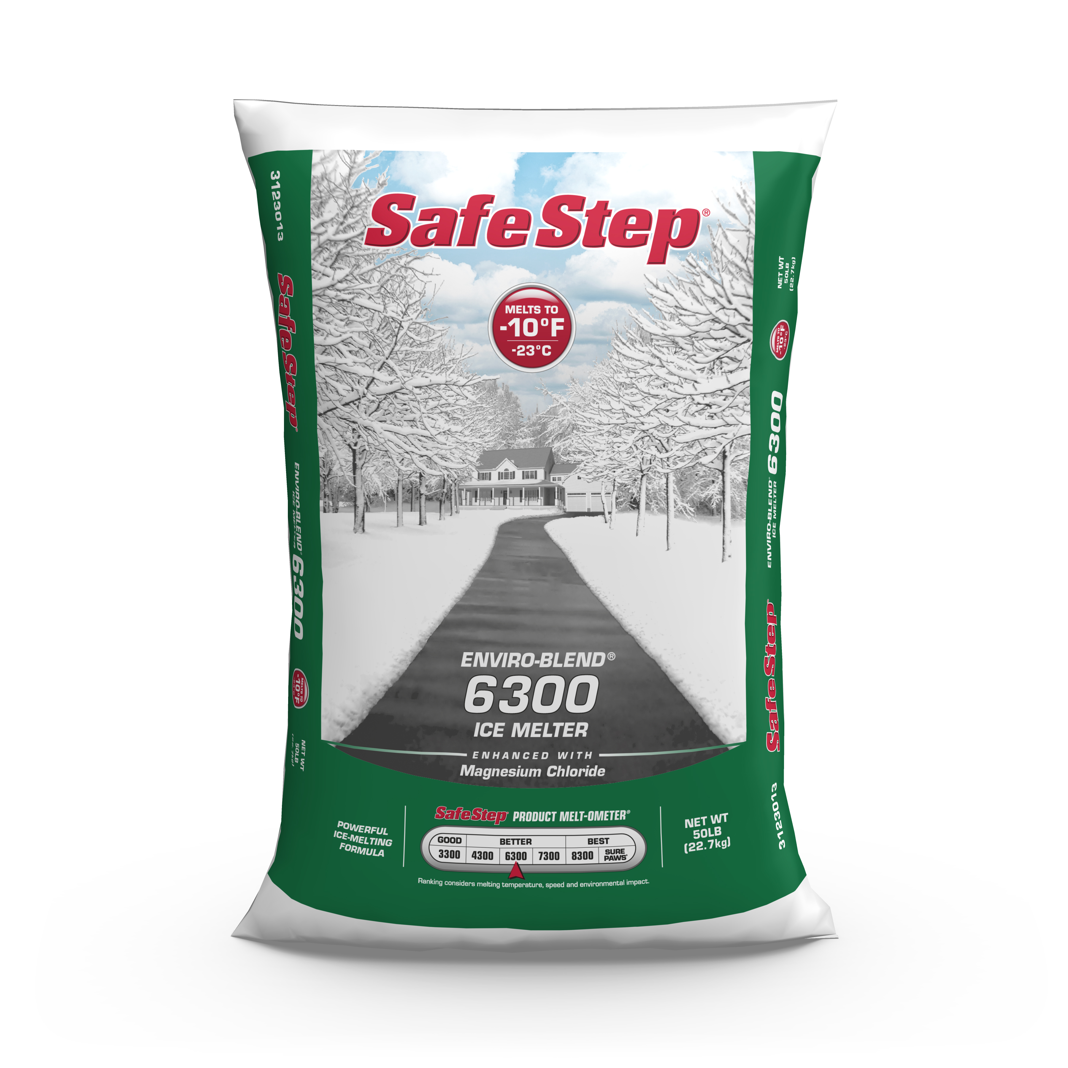 The front of a 50 lb bag of Safe Step Enviro-Blend 6300 ice melter