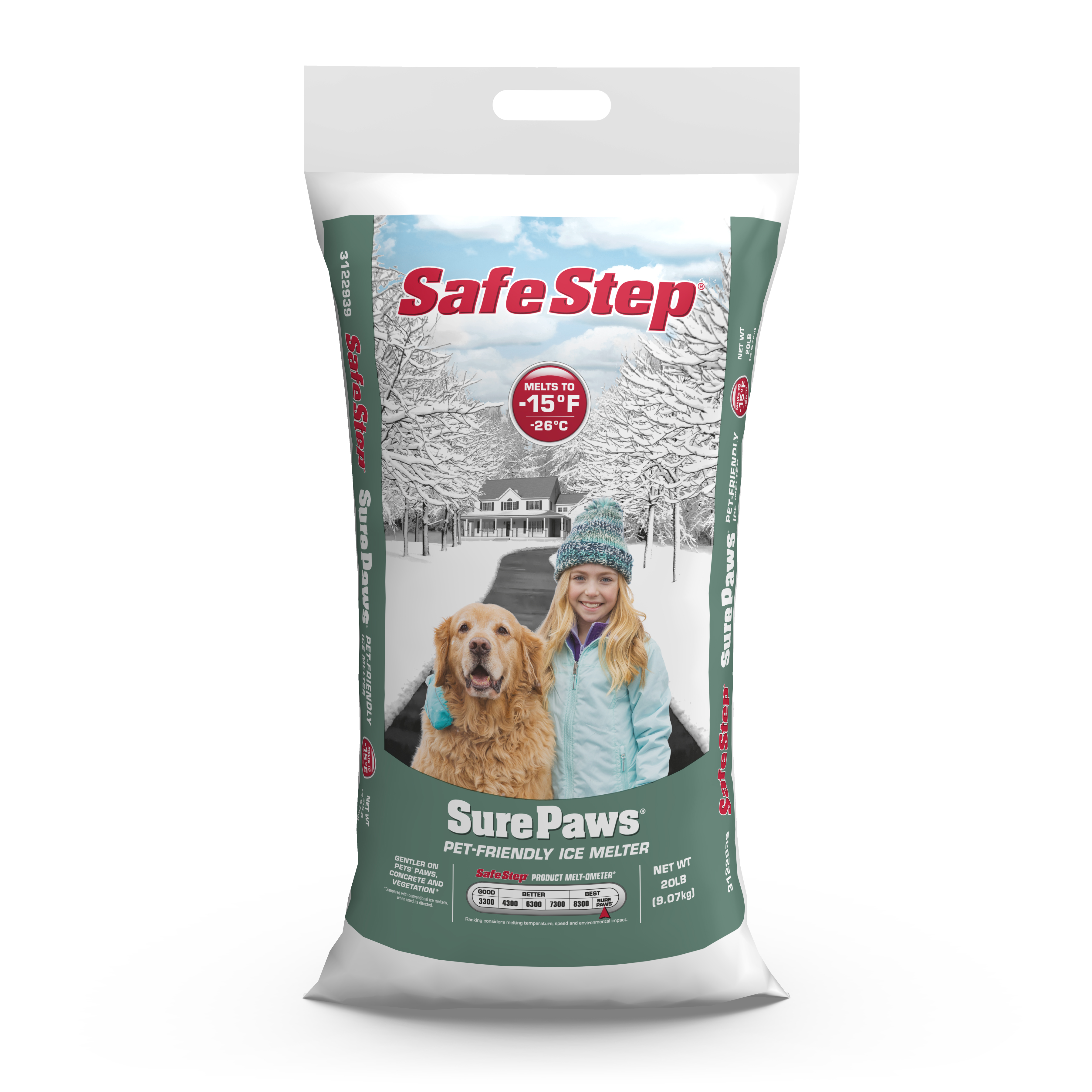 The front of a 20 lb bag of Safe Step Sure Paws ice melter