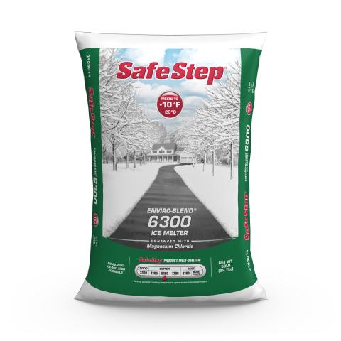 The front of a 50 lb bag of Safe Step Enviro-Blend 6300 ice melter