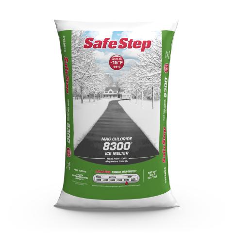 The front of a 50 lb bag of Safe Step Mag Chloride 8300 ice melter